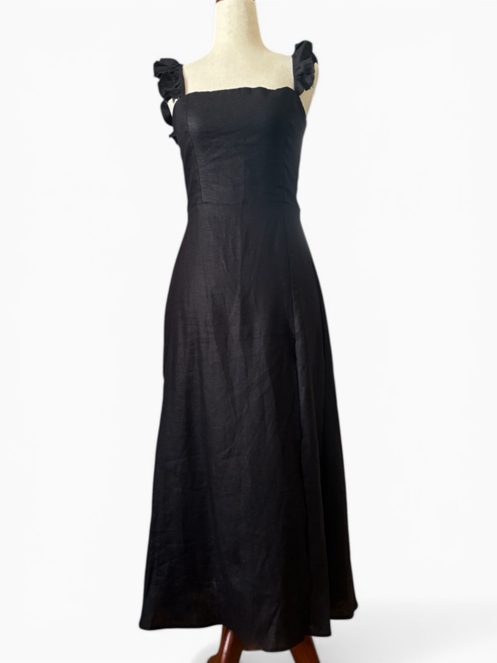 💕Reformation Black Linen Midi Dress Size 4 Ruffle Strap Side Slit Fit & Flare
